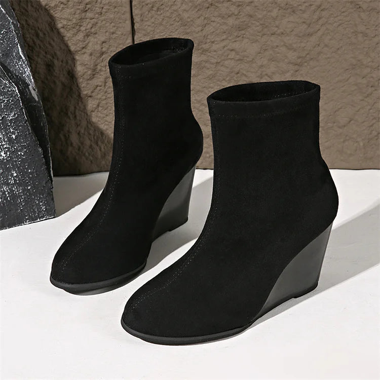 Solid Color Round Toe Wedge Heel Pull On Ankle Boots