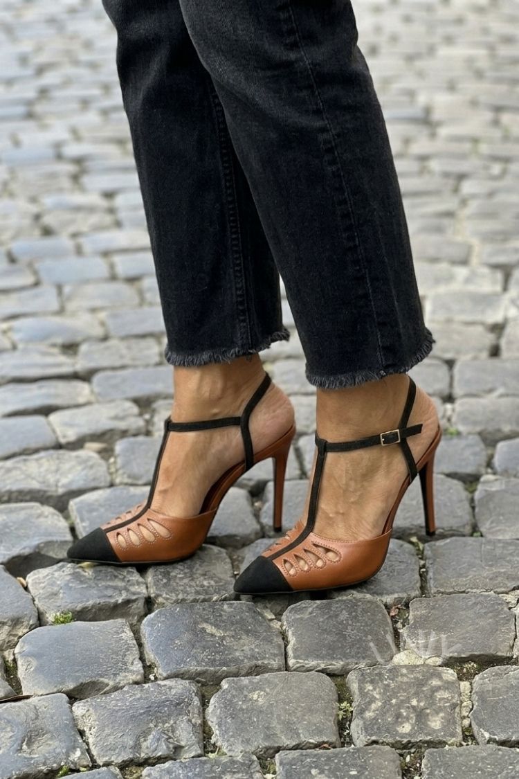 Two-Tone Brown Black Hollow Out Pointed T-Strap Stiletto Heels [Pre Order]