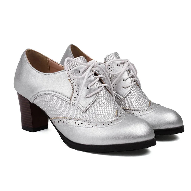 Metallic Sheen Patchwork Round Toe Lace Up Chunky Heels