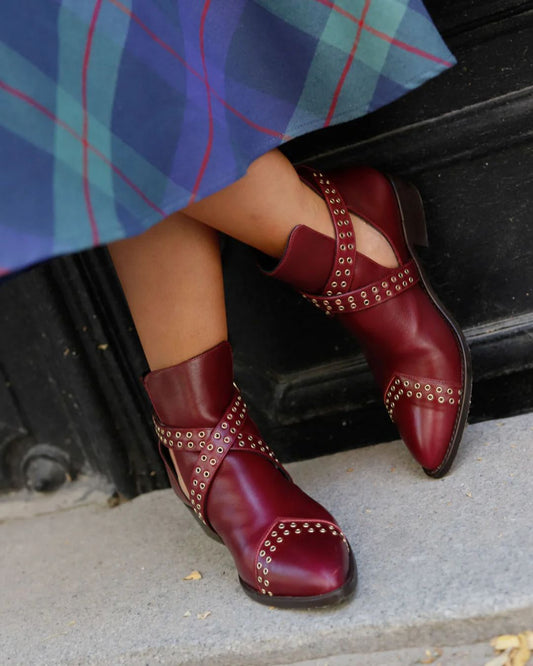 Burgundy Studded Cross Strap Pointed Toe Cut-Out Ankle Boots