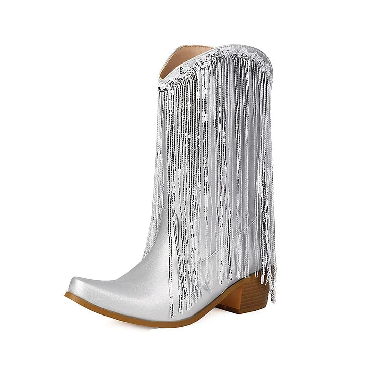 Metallic Sheen Fringed Trim Pointed Toe Chunky Heel Mid Boots