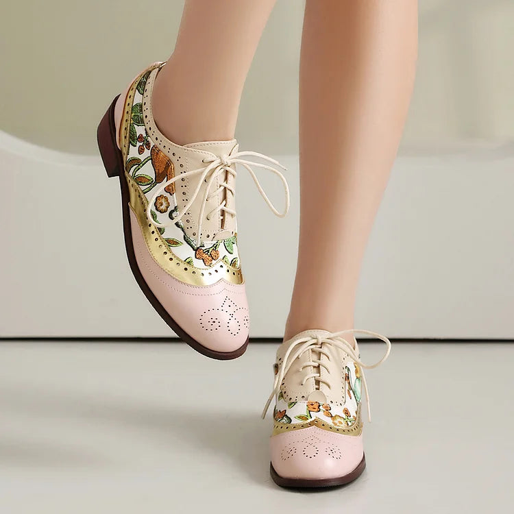 Floral Print Colorblock Patchwork Rundspitze Schnür-Brogue Oxfords