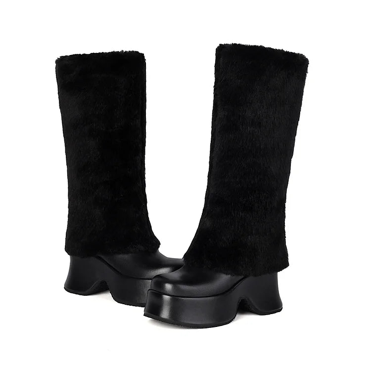 Faux Fur Trim Round Toe Chunky Heel Platform Long Boots