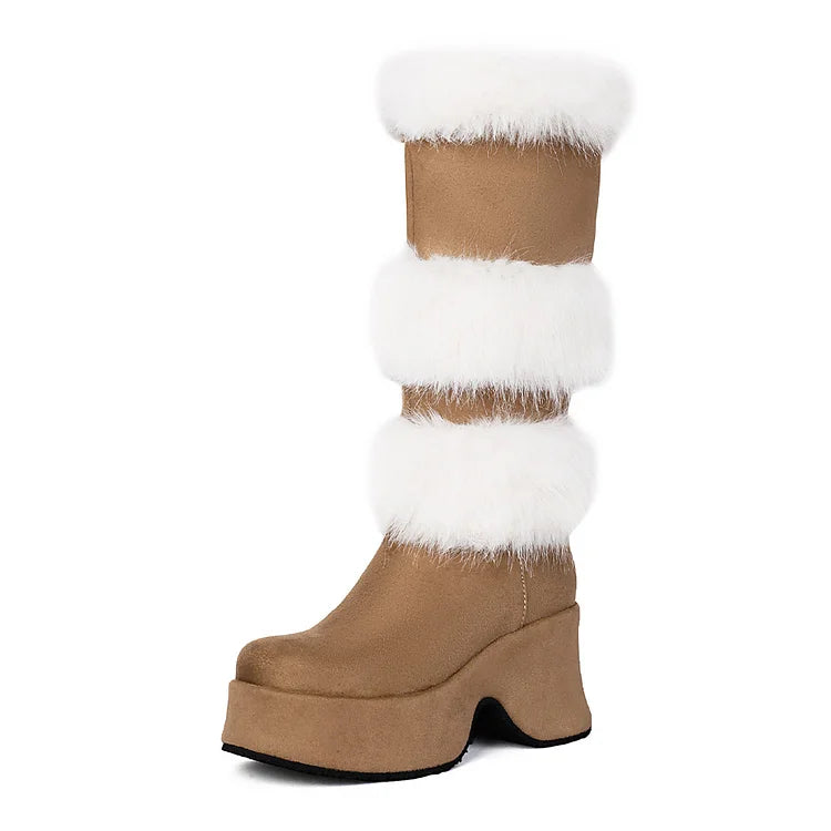 Colorblock Fluffy Trim Round Toe Chunky Heel Platform Mid Calf Boots