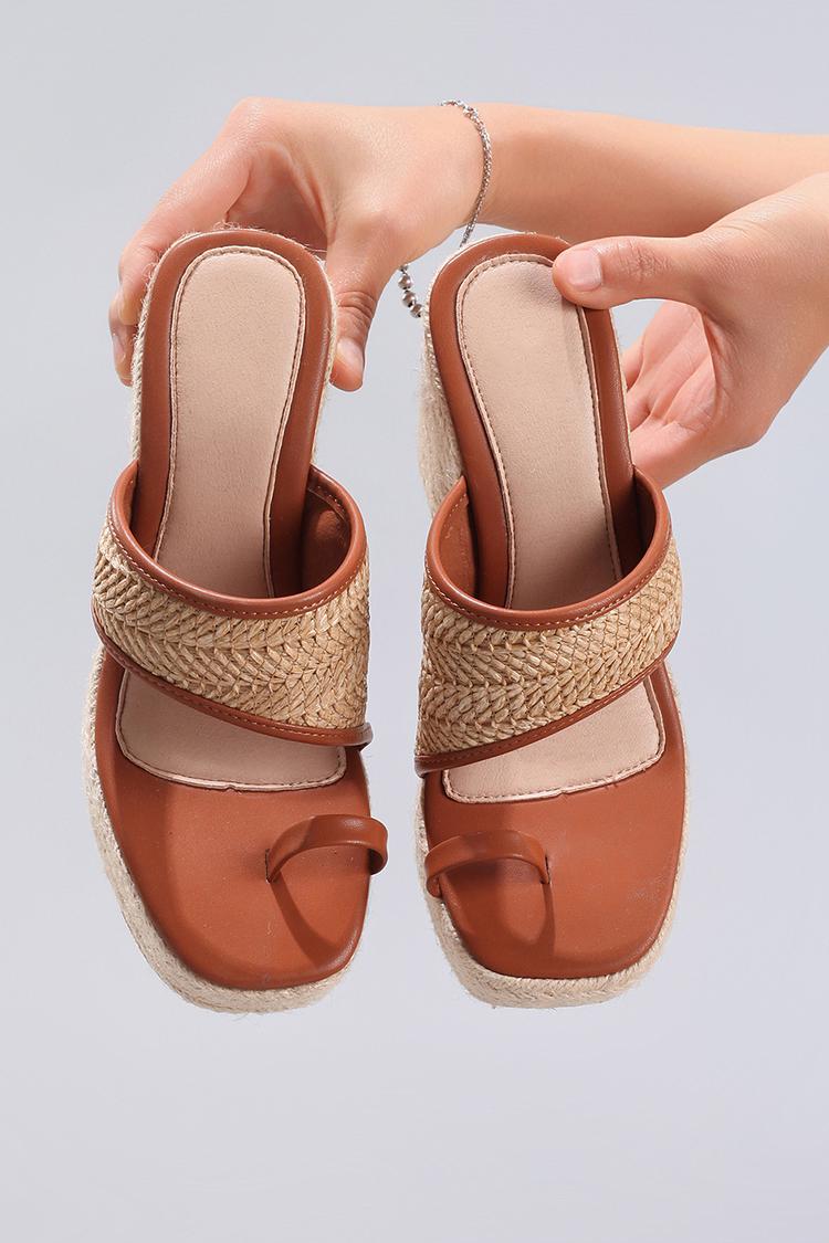 Woven Contrast Trim Toe Ring Casual Platform Chunky Heels