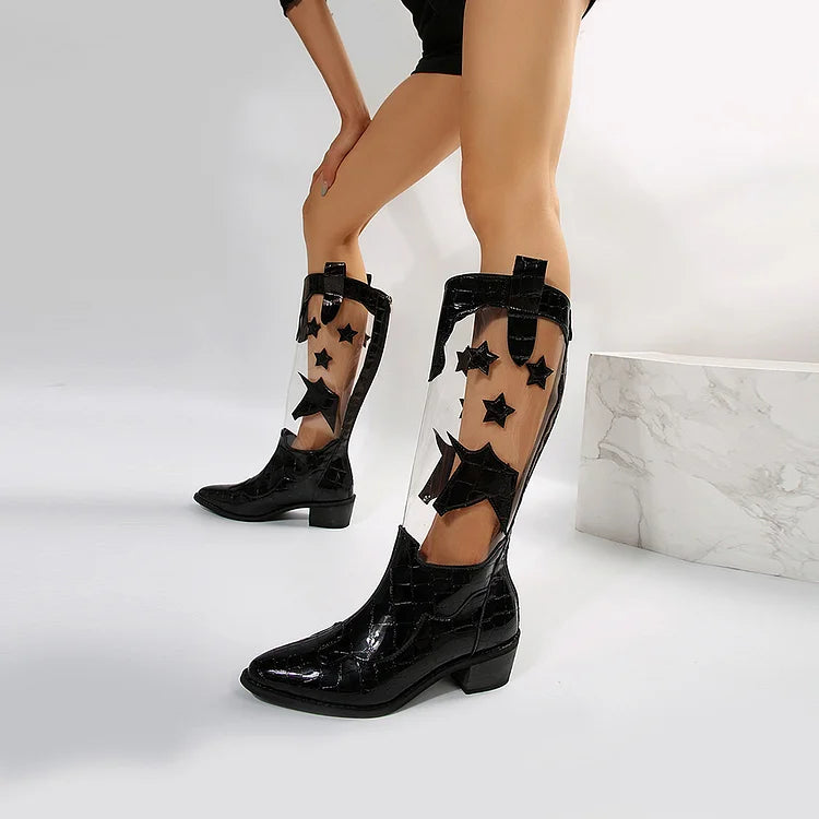 Patchwork Crocodile Print Pointed Toe Low Block Heel Mid Calf Boots