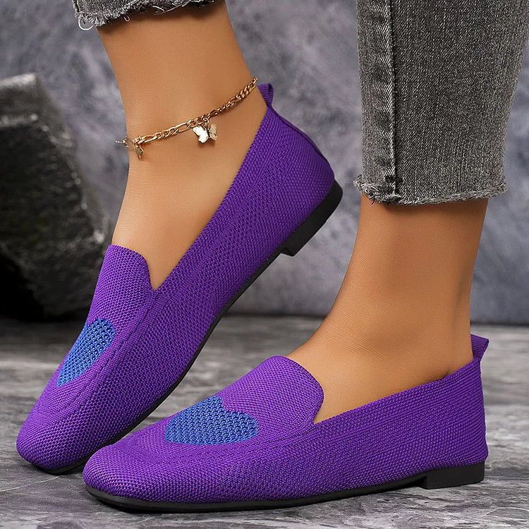 Heart Pattern Print Square Toe Slip On Knit Casual Flats