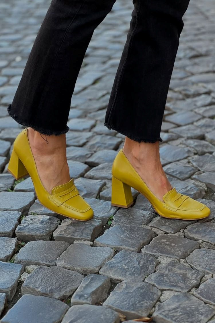 Mustard Yellow Leather Square Toe Block Heel Loafers [Pre Order]