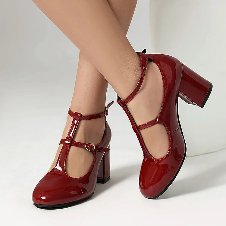 Solid Color Cross Strap Buckle Round Toe Chunky Heels