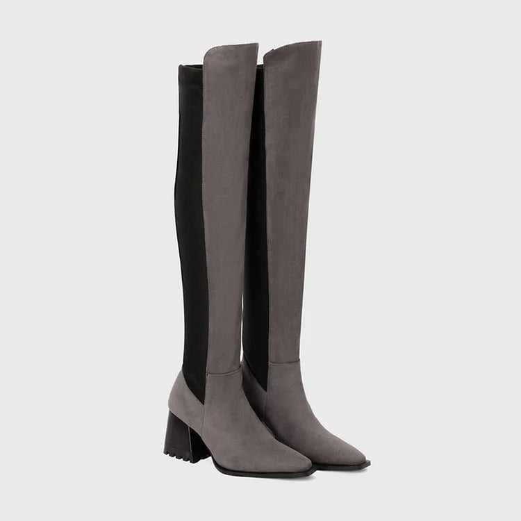 Colorblock Irregular Edge Pointed Toe Chunky Heel Over The Knee Boots