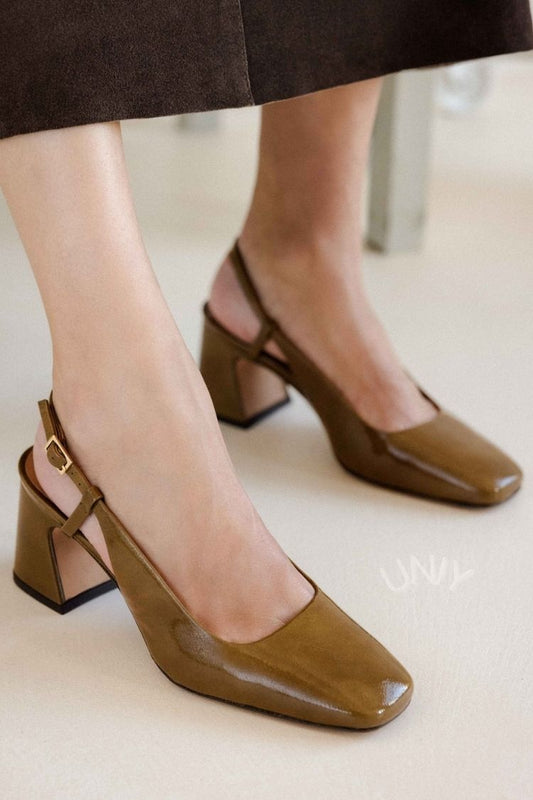 Elegant Brown Square Toe Block Heel Slingback Pumps [Pre Order]