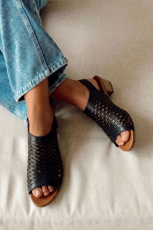 Black Leather Laser Cut Open Toe Block Heel Sandals [Pre Order]