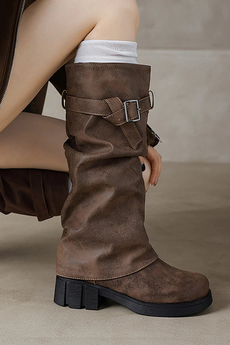 Strap Buckle Decor Fold Over Round Toe Chunky Heel Long Boots