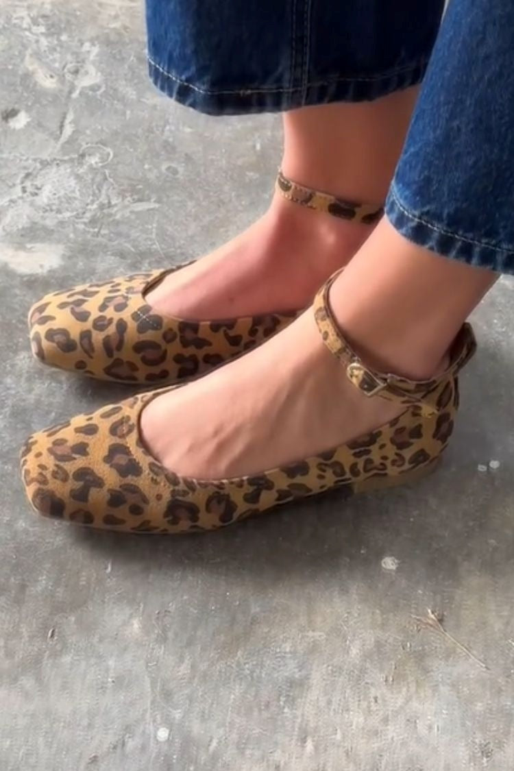 Minimalist Versatile Leopard Print Square Toe Ankle Strap Flats [Pre Order]