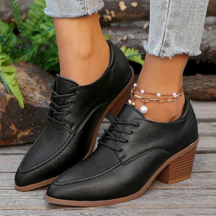 Patchwork Stitch Detail Pointed Toe Chunky Heel Lace Up Oxfords