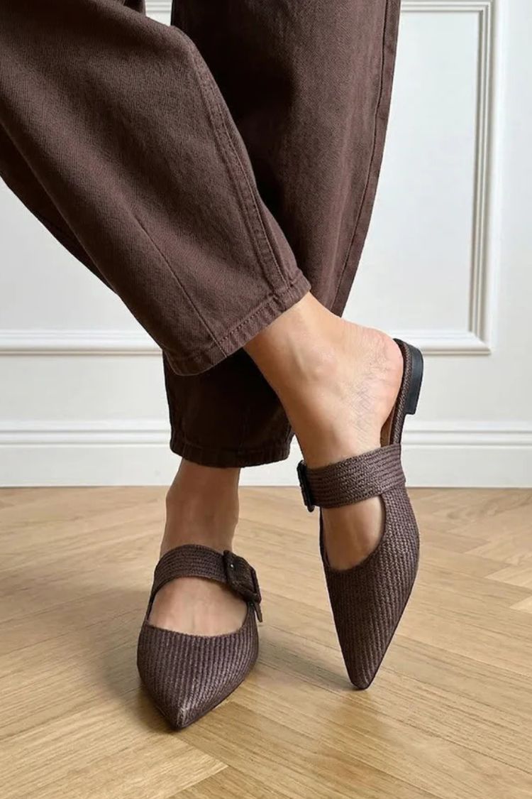 Vintage Dark Brown Woven Pointed Toe Buckle Strap Flat Mules [Pre Order]