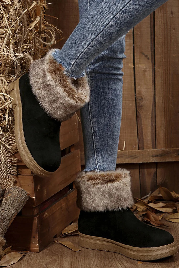 Leopard Print Faux Fur Trim Round Toe Casual Snow Boots