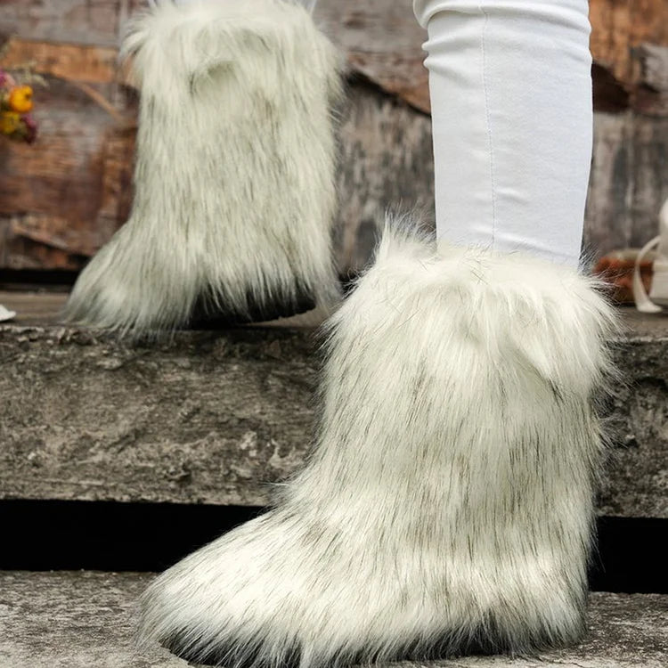 Multicolor Faux Fur Round Toe Low Platform Pull On Snow Boots