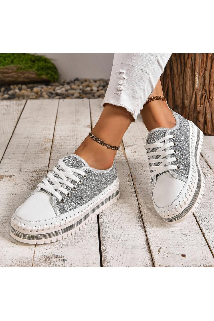Sneakers casual con lacci e punta tonda con patchwork scintillante e dettagli cuciti 