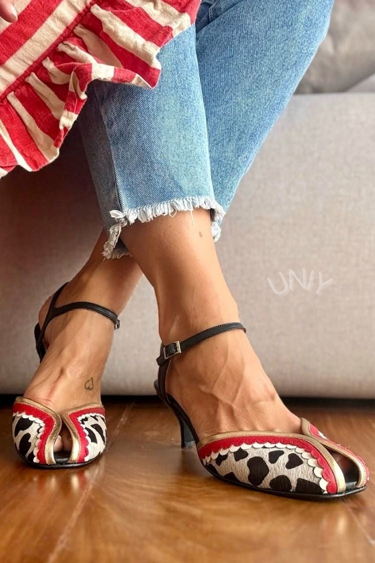 Cow Print Scalloped Edge Ankle Strap Peep Toe Heels [Pre Order]