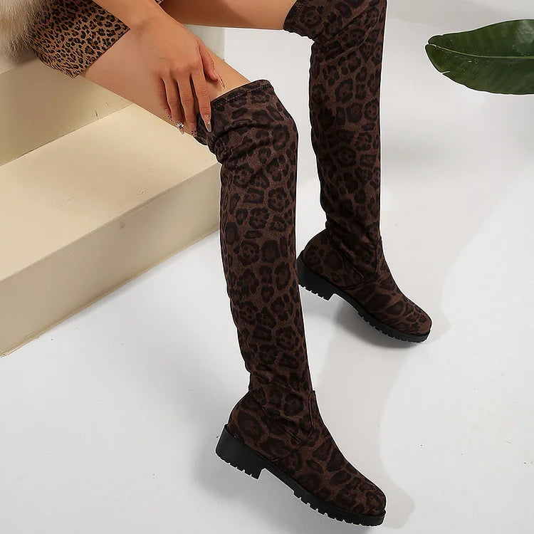 Einfarbige, runde Zehen-Patchwork-Overknee-Stiefel mit niedrigem Blockabsatz