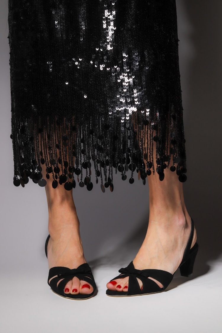Scarpe con tacco in finta pelle scamosciata con punta aperta e fiocco nero [Preordine]