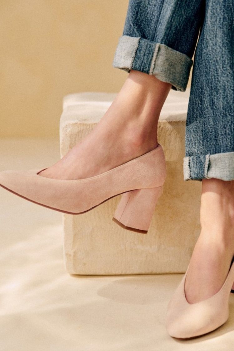 Suede Solid Mint Block Heel Almond Toe Pumps [Pre Order]