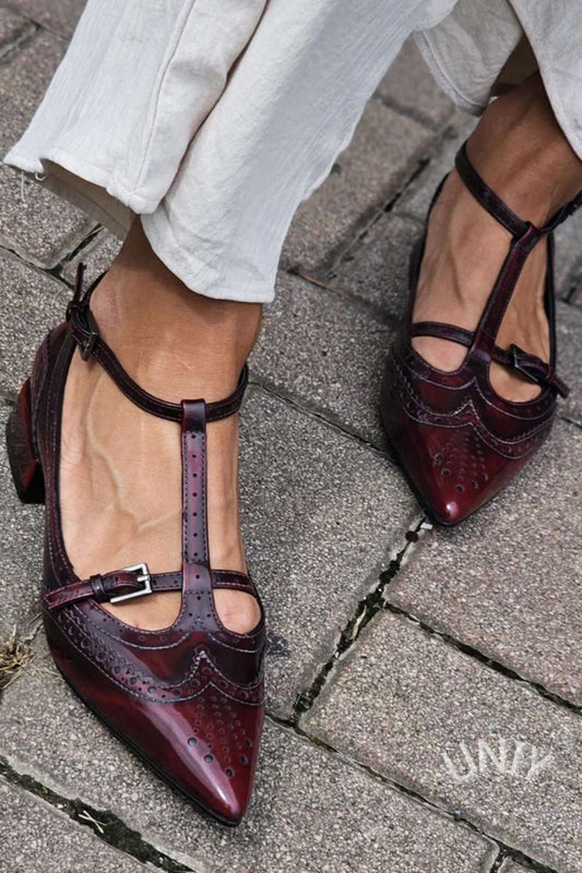 Scarpe brogue bordeaux con tacco a blocco e cinturino a T [Pre-ordine] 