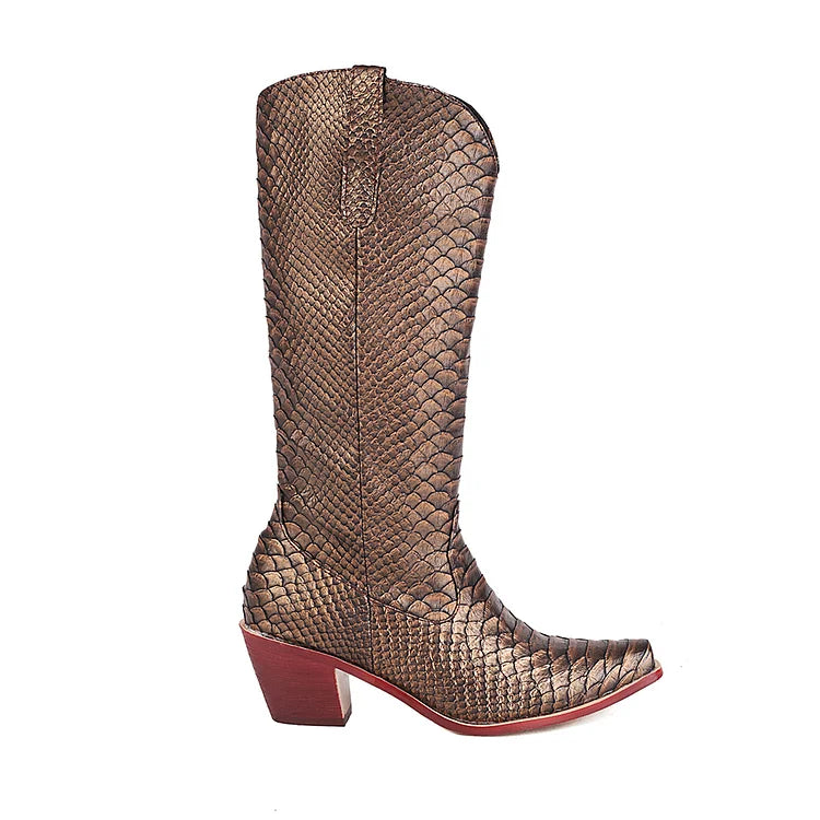 Snake Print Patchwork Pointed Toe Chunky Heel Western Boots