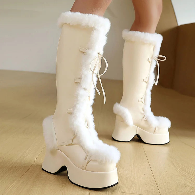 Fluffy Trim Lace Up Round Toe Chunky Heel Platform Snow Boots