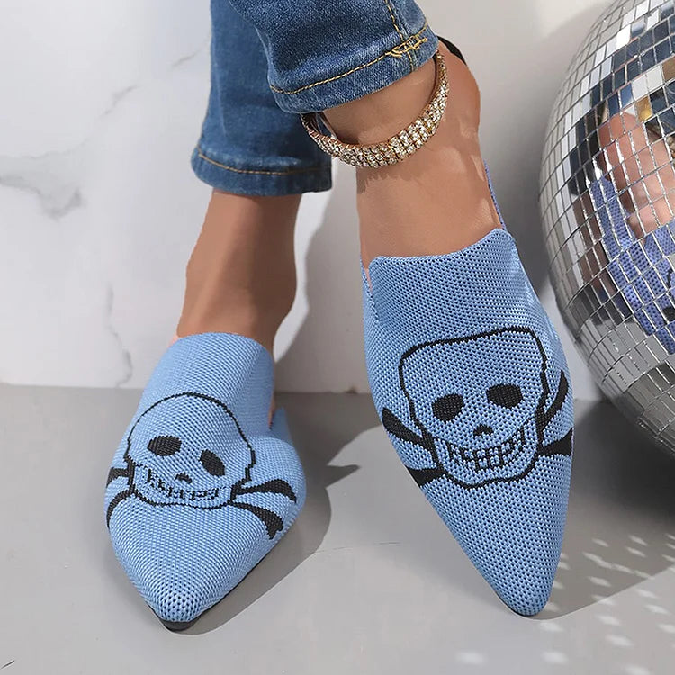 Casual Skull Print Pointy Toe Breathable Knit Mules