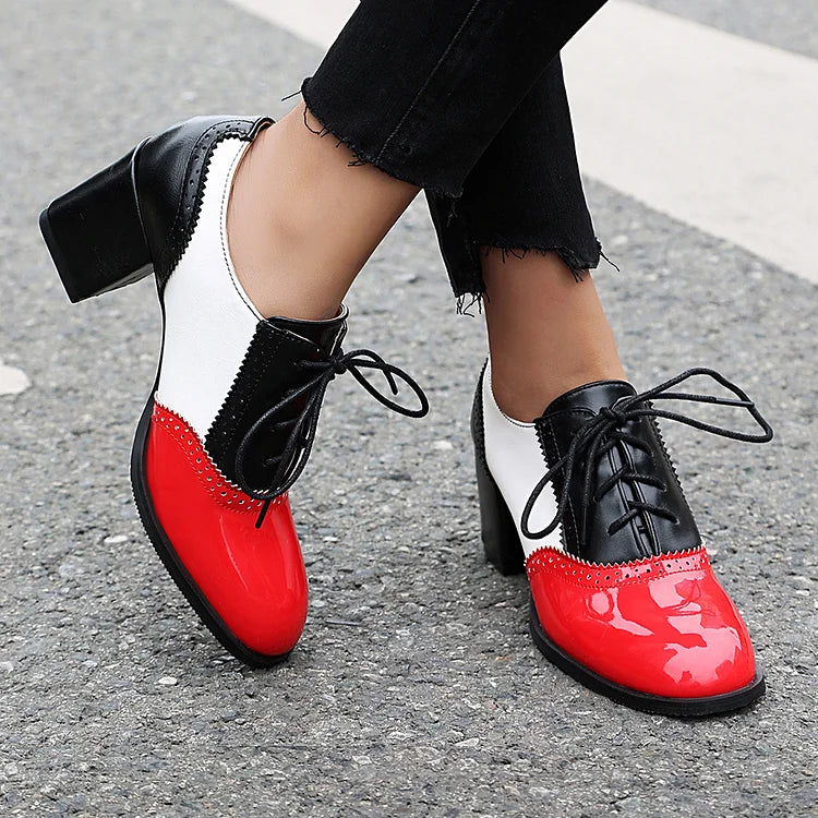 Lace Up Colorblock Round Toe Chunky Heel Brogue Oxfords