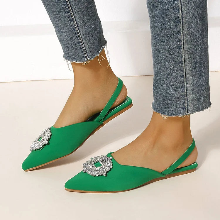 Freizeit-Flats mit spitzem Zehenbereich und Slingback-Riemen mit Strasssteinen