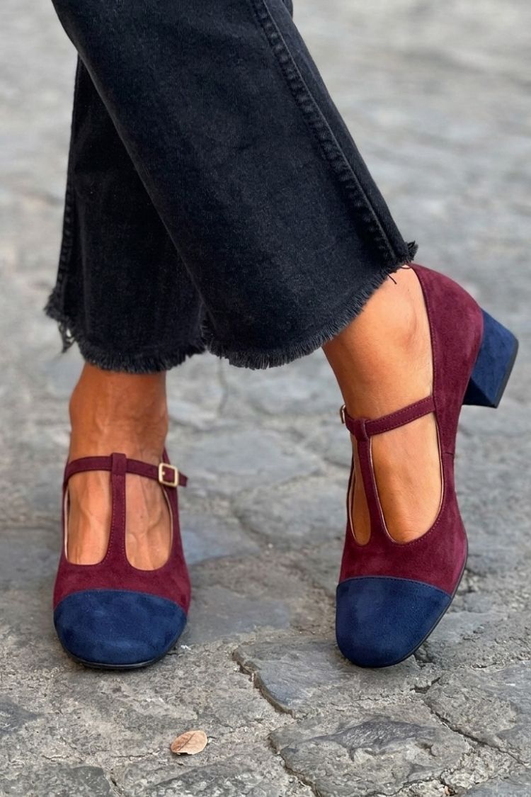 Patchwork T-Strap Buckle Round Toe Red Chunky Heels