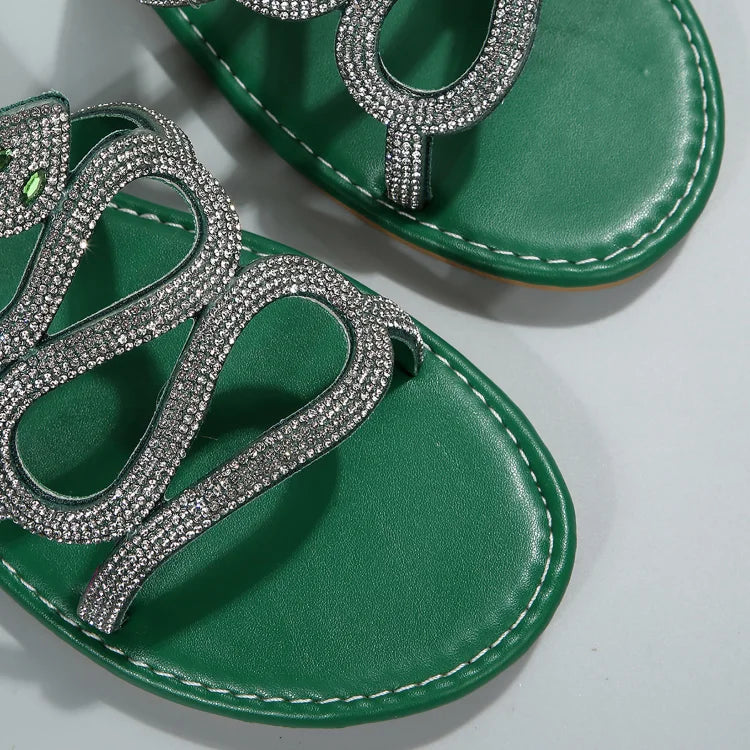 Pantuflas con punta redonda y correa en forma de serpiente con diamantes de imitación 