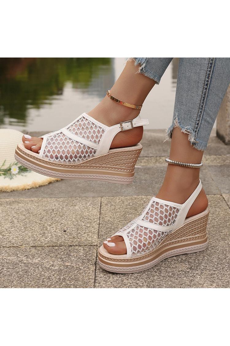 Zeppe casual in rete con cinturino alla caviglia con fibbia e punta aperta patchwork