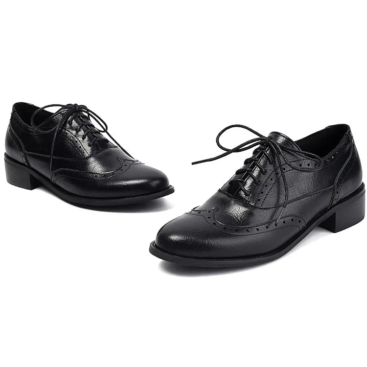 Patchwork Solid Color Round Toe Low Block Heel Lace Up Brogue Oxfords