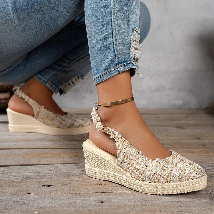 Raw Trim Pointed Toe Slingback Strap Buckle Wedge Sandals