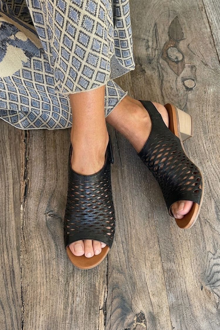 Minimalistische Schwarze Gewebte Textur Slingback Blockabsatz Sandalen [Vorbestellung]