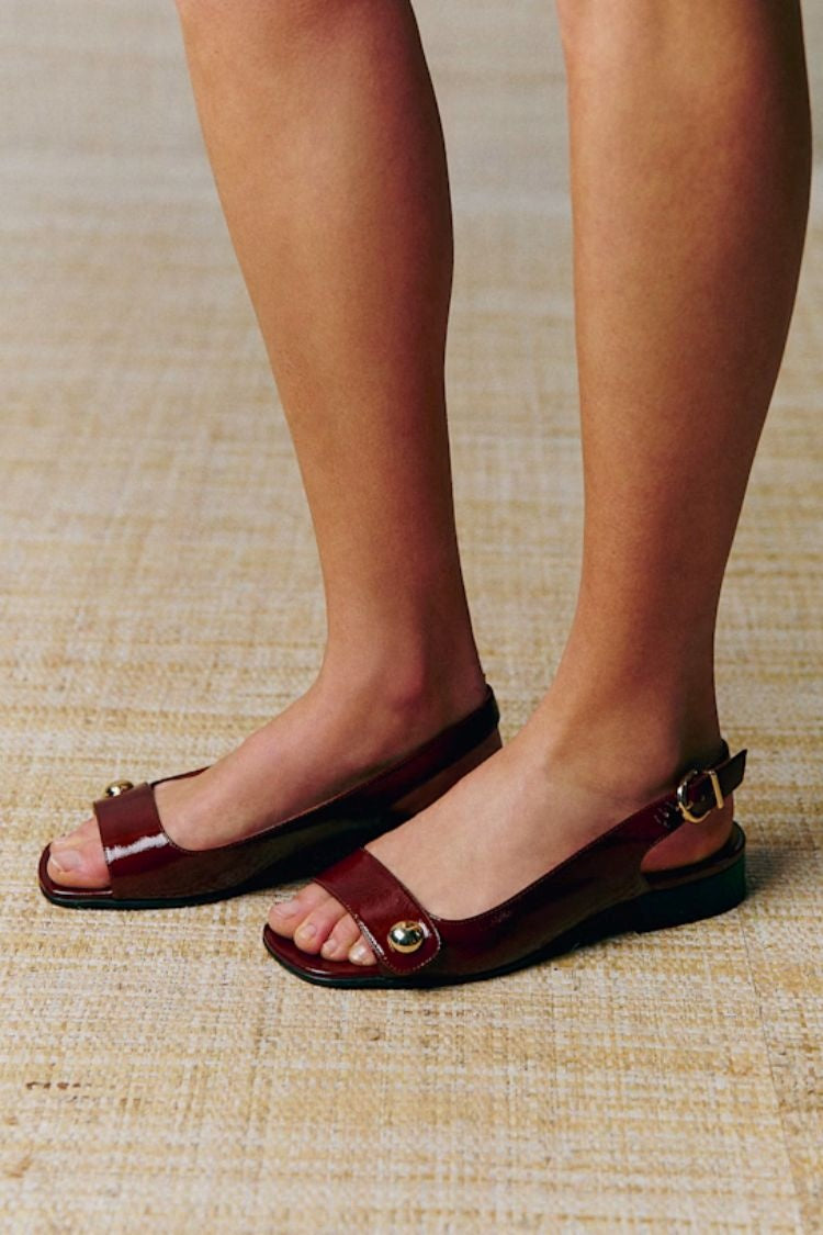 Retro Burgundy Patent Leather Gold Button Slingback Sandals [Pre Order]