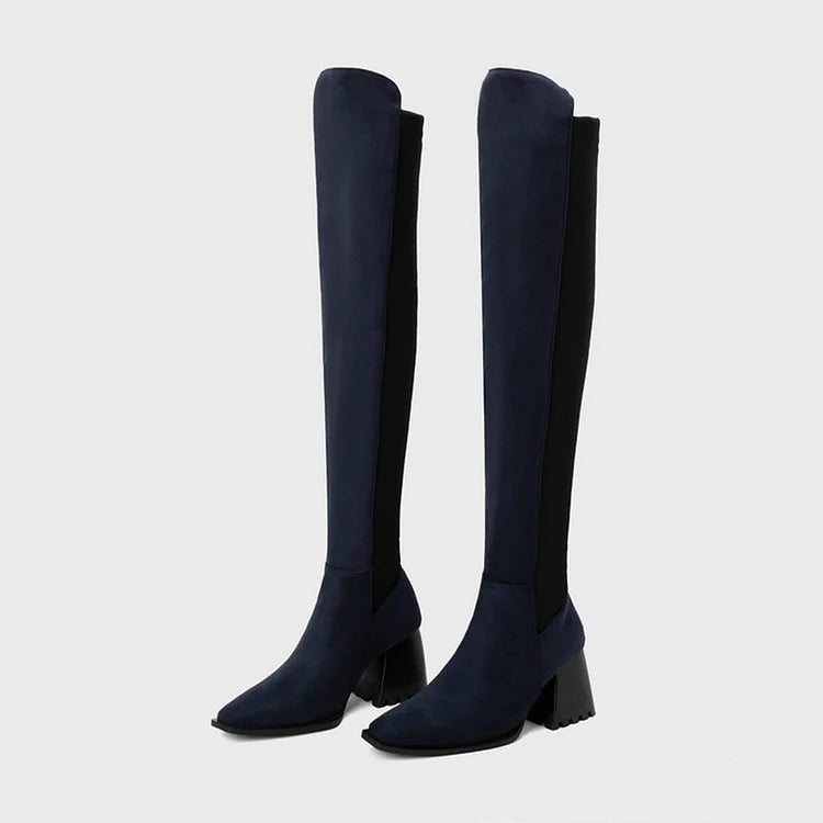 Colorblock Irregular Edge Pointed Toe Chunky Heel Over The Knee Boots