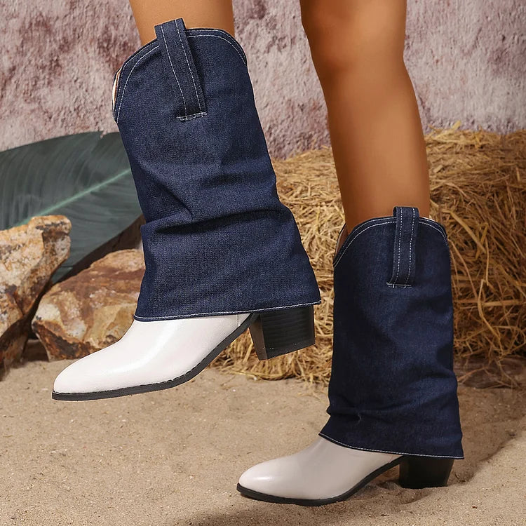 Denim Patchwork Fold Over Pointed Toe Chunky Heel Mid Boots