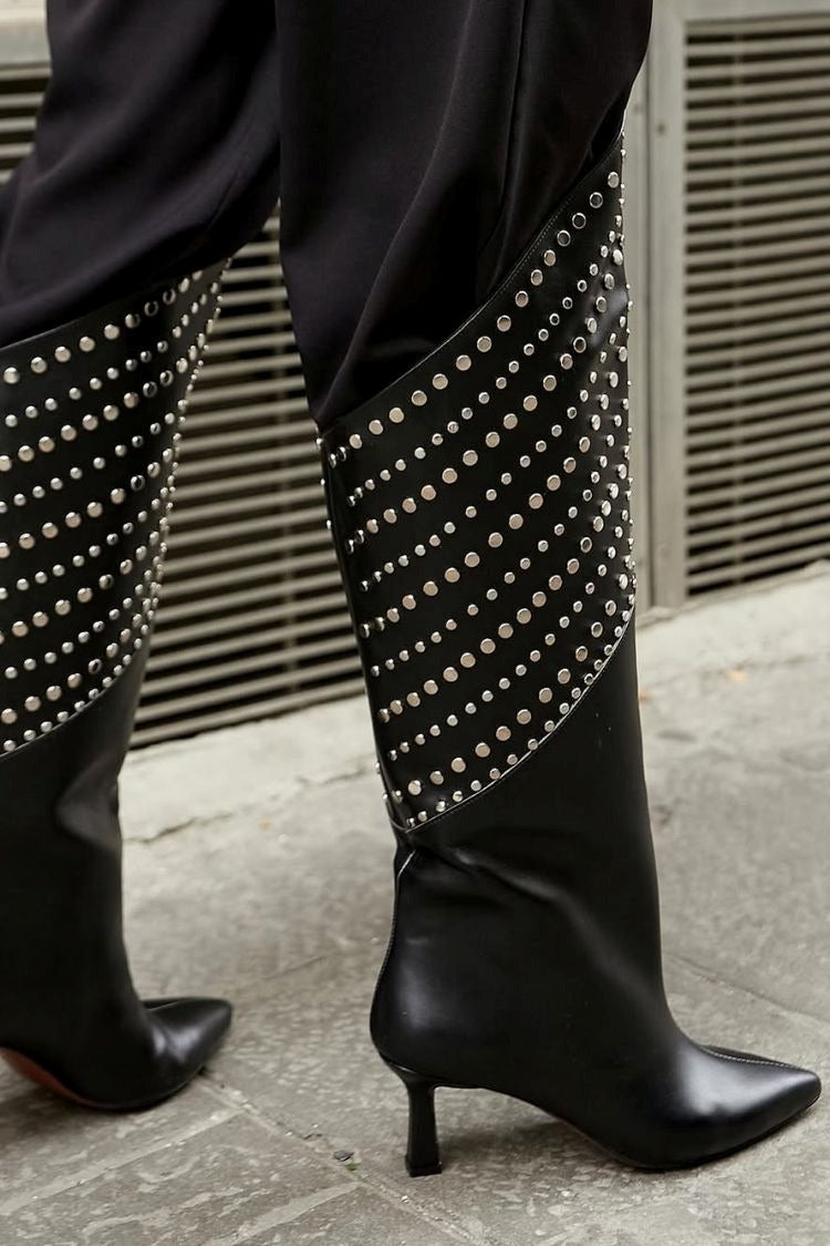 Black Studded Pointed Toe Front High Back Low Mid Heel Boots [Pre Order]