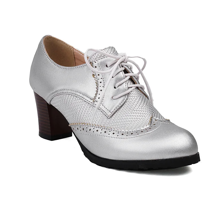 Metallic Sheen Patchwork Round Toe Lace Up Chunky Heels