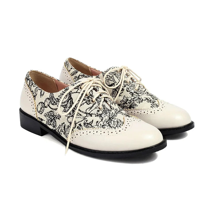 Floral Pattern Canvas Patchwork Lace Up Round Toe Casual Oxfords