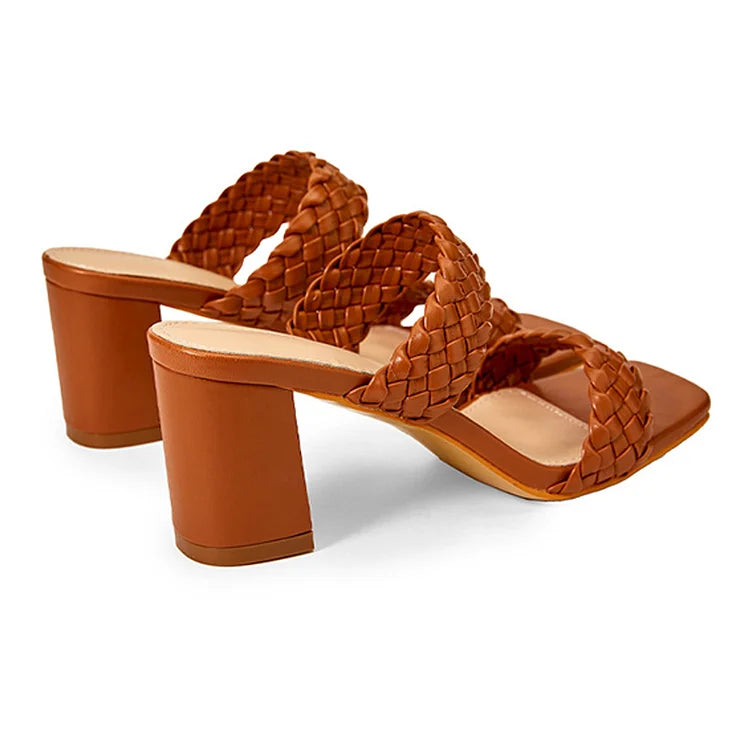 Woven Solid Color Square Toe Casual Sandals Chunky Heels