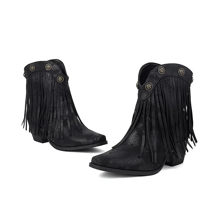 Ankle Boots mit Fransenbesatz und metallischen Nieten und eckiger Zehenpartie und klobigem Absatz