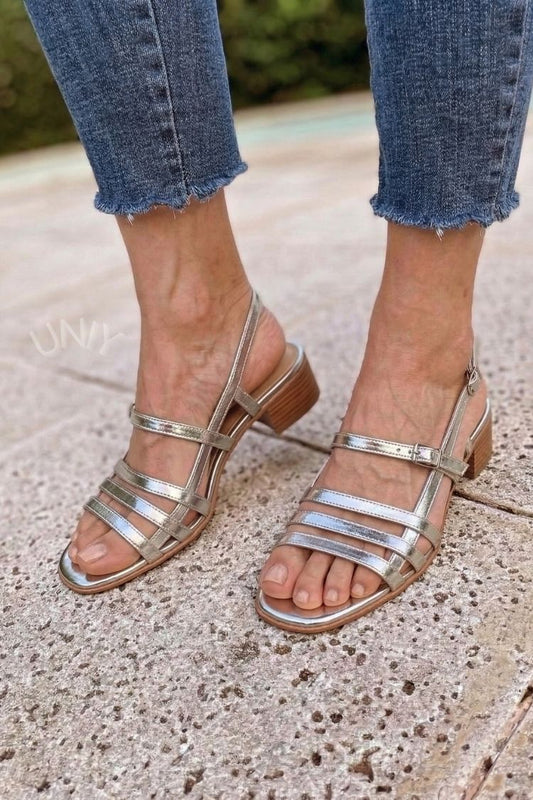 Champagne Gold Metallic Multi-Strap Low Block Heel Sandals [Pre Order]