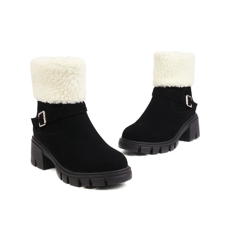 Round Toe Strap Buckle Decor Fluffy Trim Chunky Heel Snow Boots