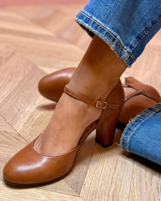 Vintage Brown Buckle Strap Mary Jane Block Heels